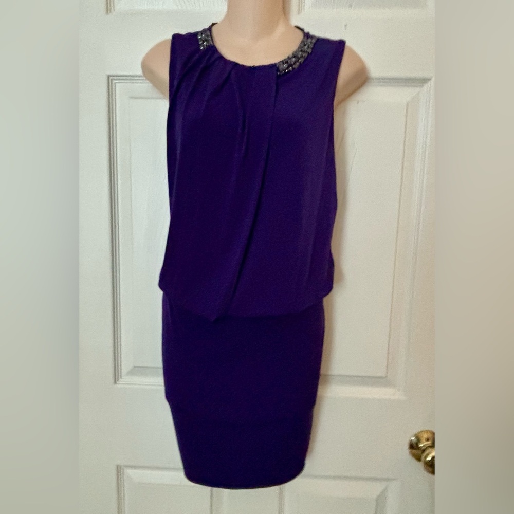 Laundry by Shelli Segal Jeweled Embellished Stretchy Purple Blouson Dress 8